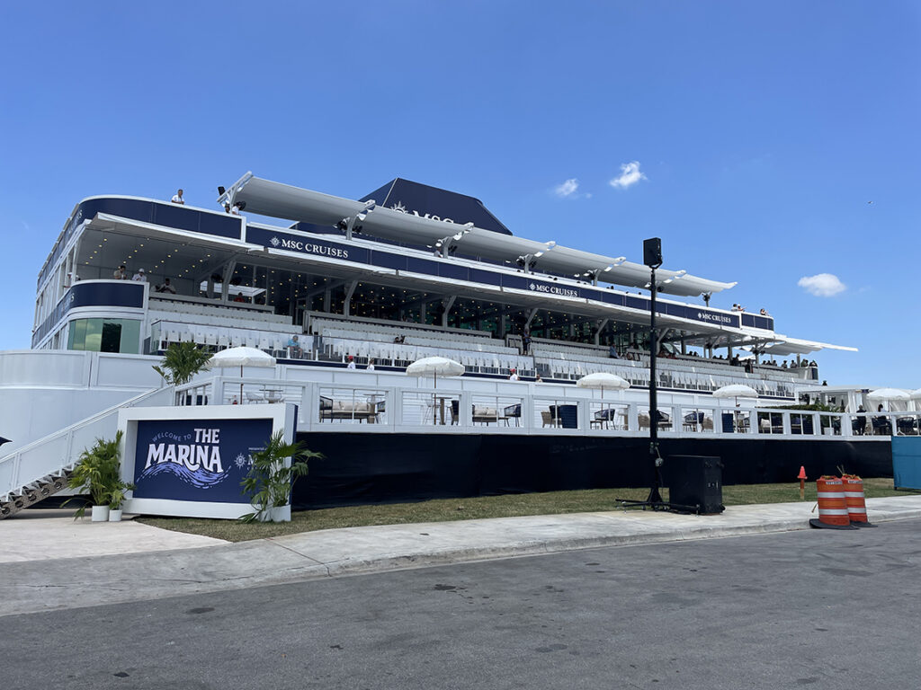 The MSC Yacht Club at The Marina resembles a mini MSC cruise ship at the Miami Grand Prix. Photo: Ming Tappin.